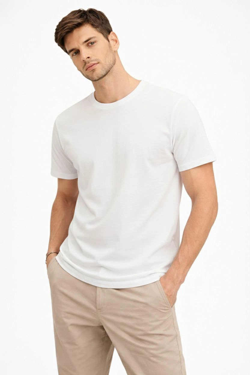 Erkek Bisiklet Yaka Tişört Regular Kalıp Basic Pamuklu Günlük Kullanım T-shirt - Beyaz görsel 1