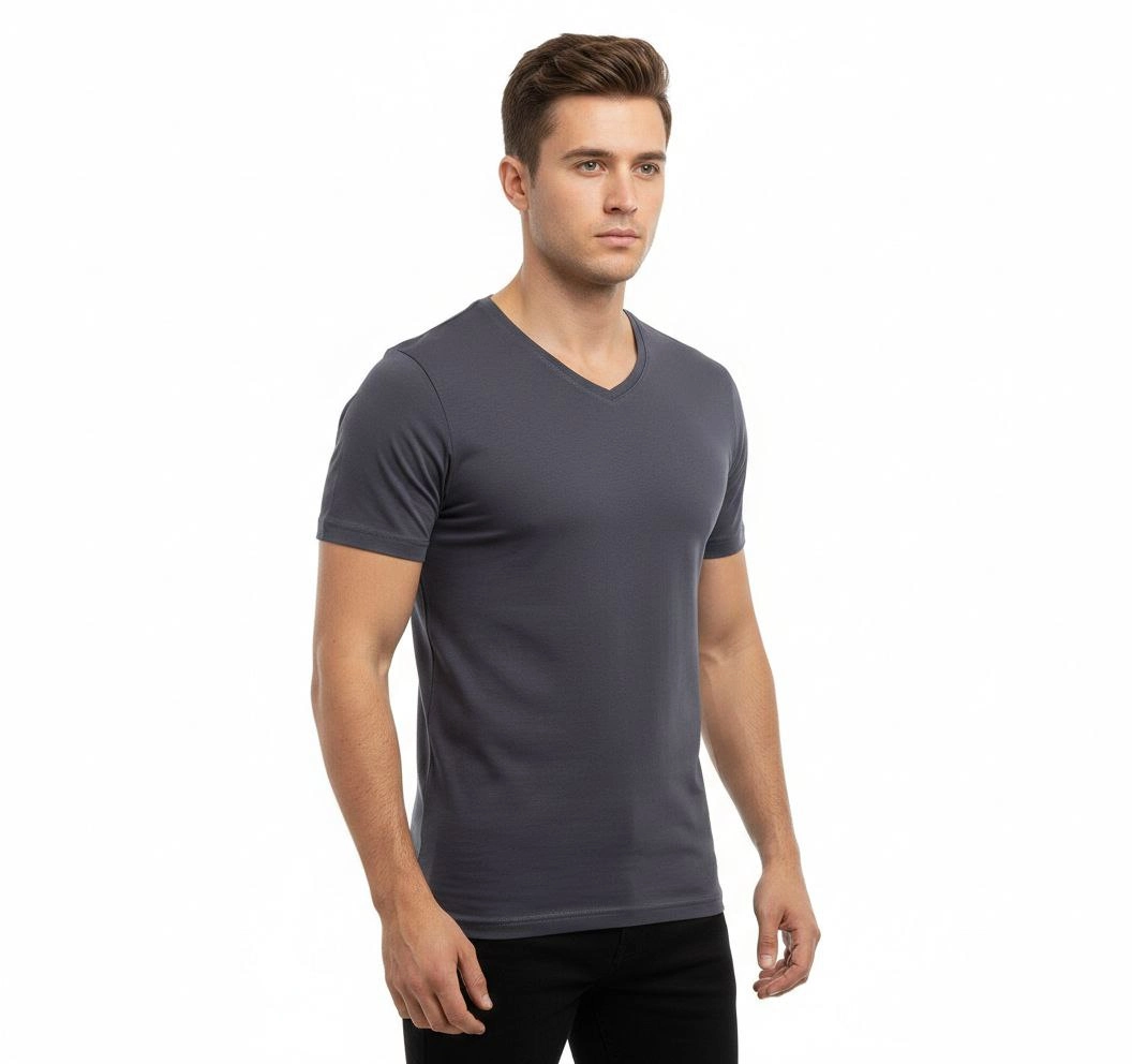 Erkek T-Shirt V Yaka Slim Fit dar kesim Likralı Tişört Günlük Basic Body - Füme görsel 1