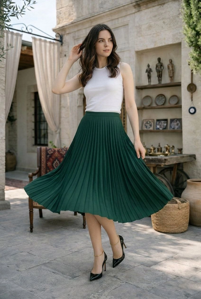 Kadın 90 Cm Saten Kumaş Pliseli Midi Etek Şık ve Zarif Tasarım - Çağla Yeşili - 1