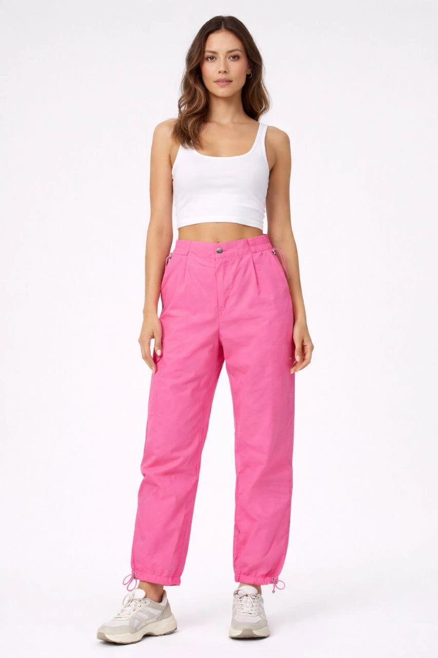 Kadın Paraşüt Kumaş Pantolon Bel ve Paça Ayarlanabilir Lastikli Spor Pantolon - Pembe - 1