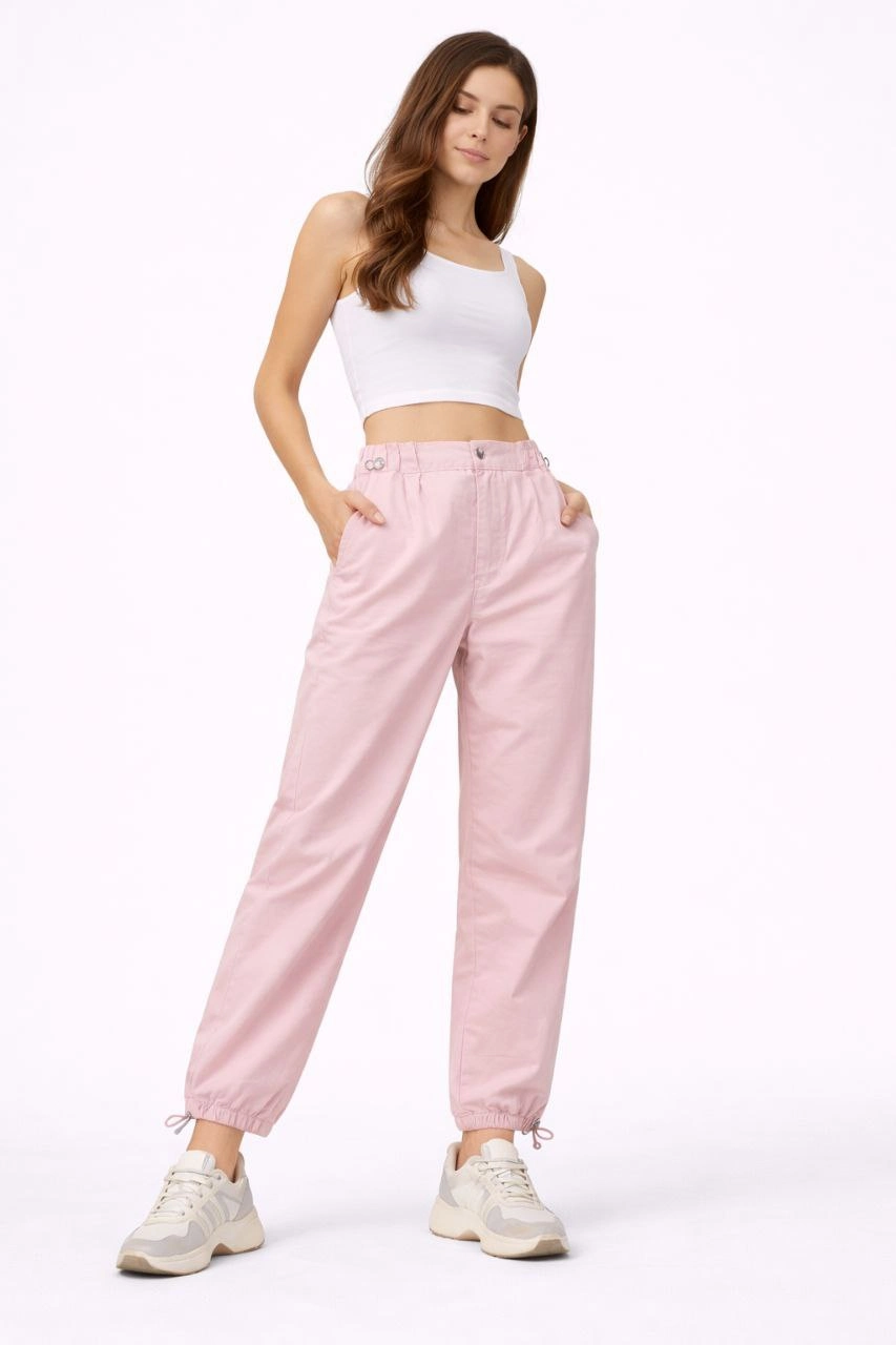 Kadın Paraşüt Kumaş Pantolon Bel ve Paça Ayarlanabilir Lastikli Spor Pantolon - Toz Pembe - 1