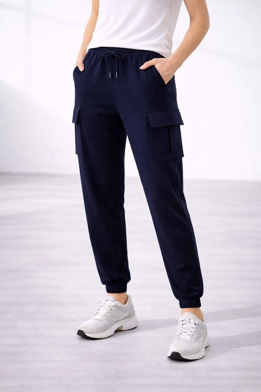 Kadın Jogger Eşofman Altı Rahat Kalıp, Kargo Cepli, Lastikli Paça, Günlük Spor Pantolon - Lacivert - 1