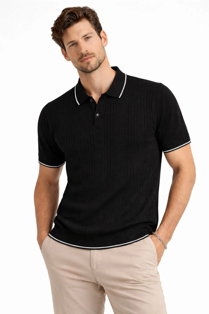 Erkek Düğmeli Yaka Triko Dokuma Tişört Desenli Yazlık Şık Günlük Triko Tişört - Siyah görsel 1