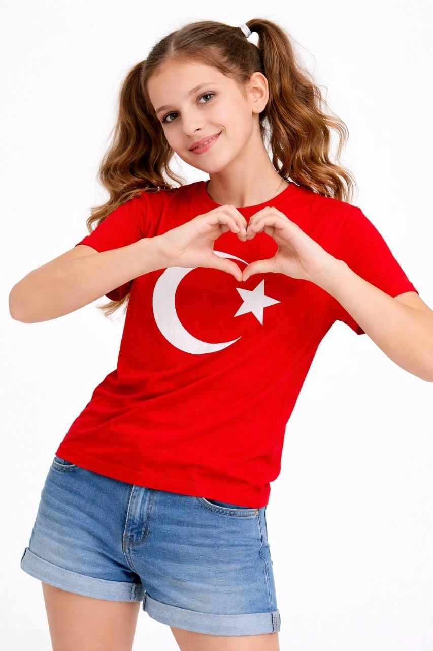Kız Çocuk Tişört Bisiklet Yaka Ay Yıldız Bayrak Baskılı T-Shirt - Kırmızı
