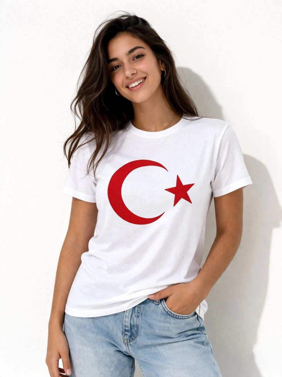 Kadın T-Shirt Kısa Kol Bisiklet Yaka Ay Yıldız Bayrak Baskılı Tişört - Beyaz
