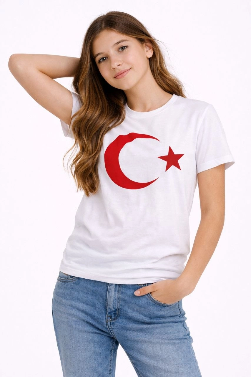 Kız Çocuk Tişört Bisiklet Yaka Ay Yıldız Bayrak Baskılı T-Shirt - Beyaz