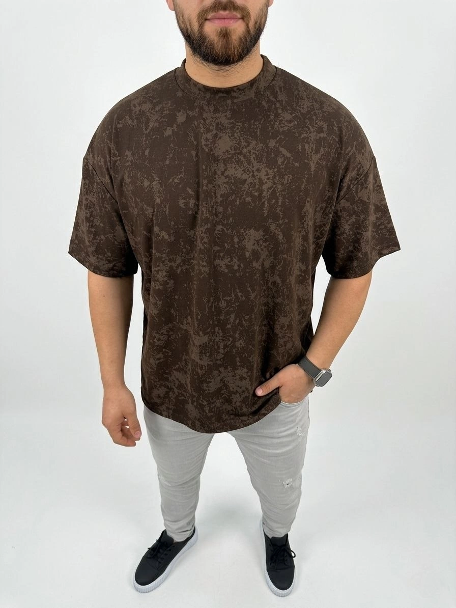 Erkek Premium Tişört OSY Yumuşak Dokulu Yıkamalı Oversize T-Shirt - Kahverengi görsel 1