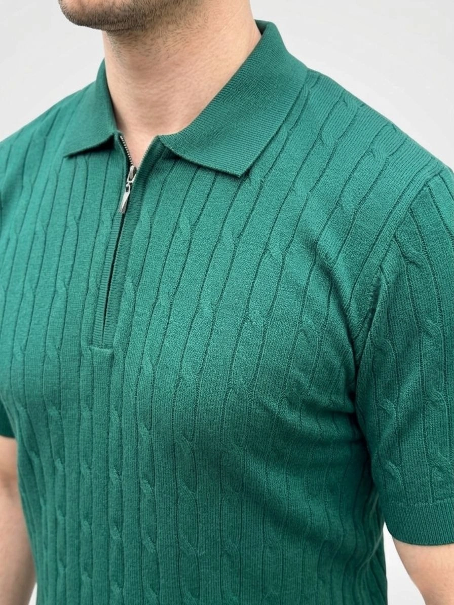 Erkek Yazlık Triko Saç Örgü Tişört Kısa Kol Polo Yaka Fermuarlı T-Shirt - Haki görsel 1