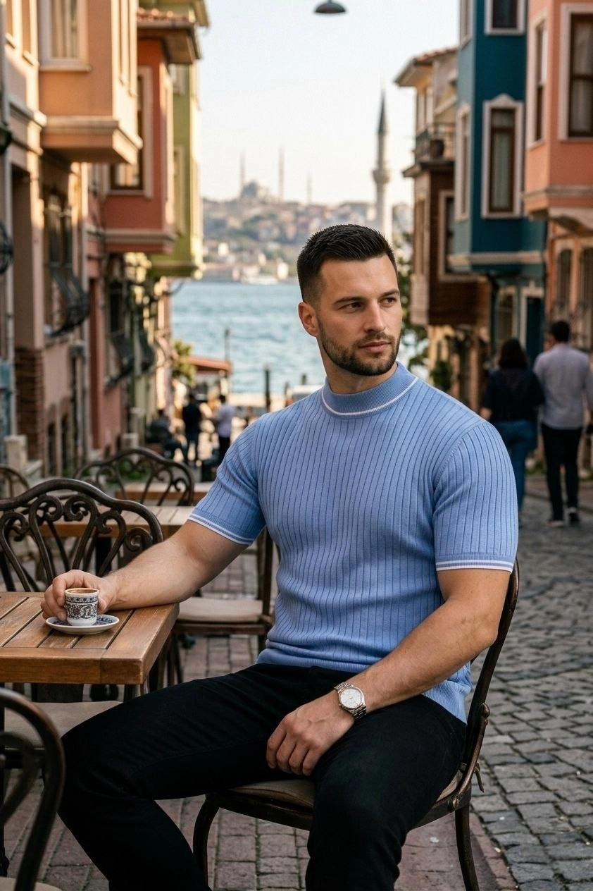 Erkek Fitilli Triko Dokuma Kısa Kol Tişört Yarım Boğaz Modern Yazlık T-Shirt - Bebe Mavisi görsel 1