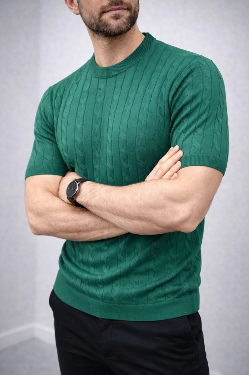 Erkek Yazlık Triko Dokuma Tişört Kısa Kol Bisiklet Yaka Örgü Desenli T-Shirt - Haki görsel 1