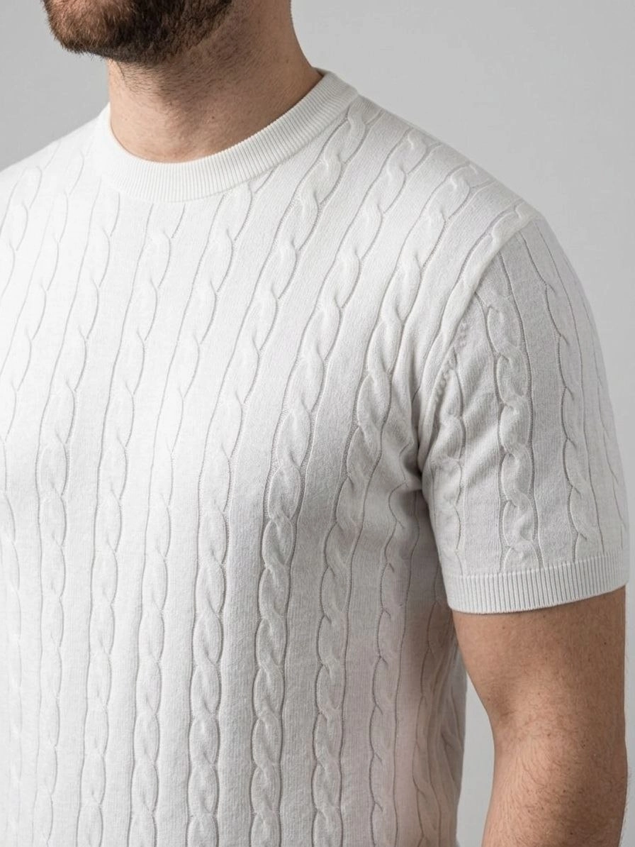 Erkek Yazlık Triko Dokuma Tişört Kısa Kol Bisiklet Yaka Örgü Desenli T-Shirt - Beyaz görsel 1