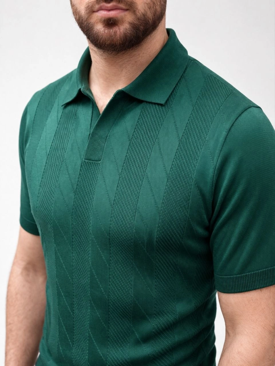 Erkek Yazlık Triko Dokuma Tişört Kısa Kol Polo Yaka T-Shirt - Koyu Yeşil görsel 1