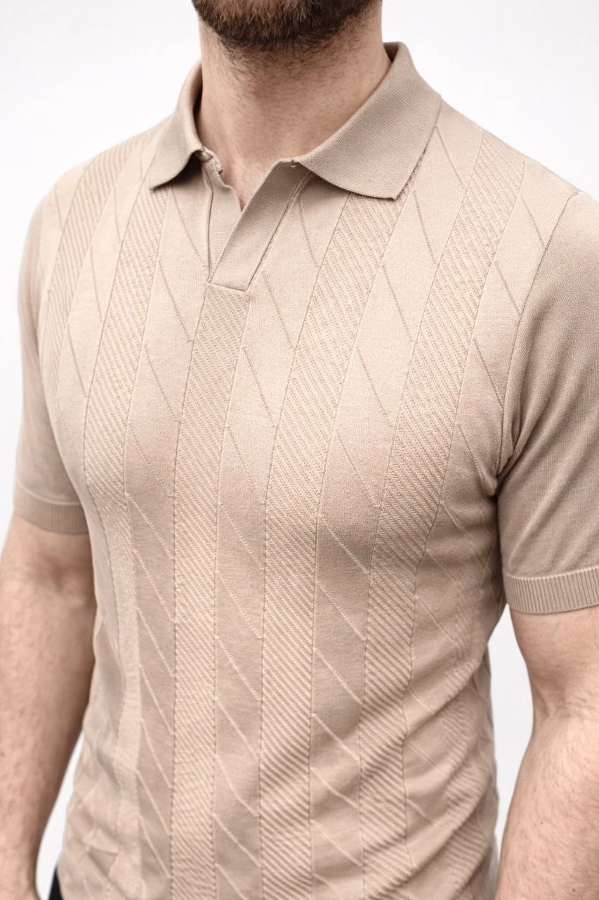 Erkek Yazlık Triko Dokuma Tişört Kısa Kol Polo Yaka T-Shirt - Bej görsel 1