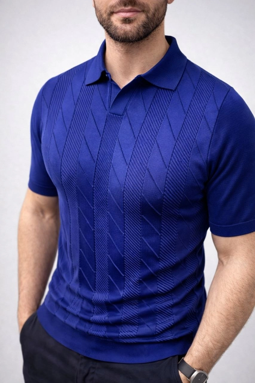 Erkek Yazlık Triko Dokuma Tişört Kısa Kol Polo Yaka T-Shirt - Lacivert görsel 1