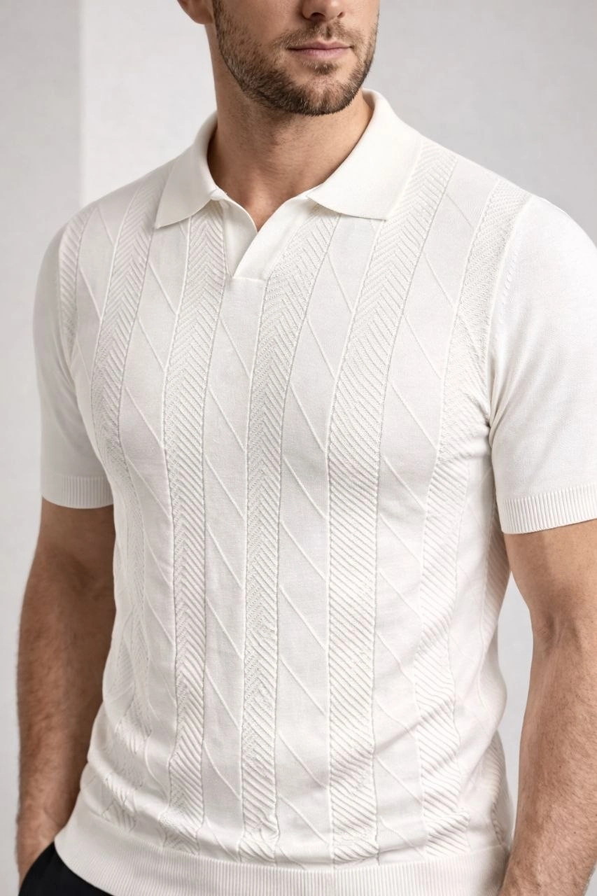 Erkek Yazlık Triko Dokuma Tişört Kısa Kol Polo Yaka T-Shirt - Beyaz görsel 1