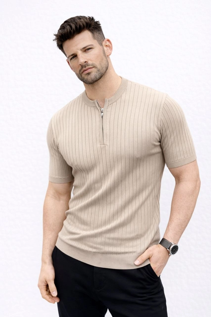 Erkek Kısa Kol Fitilli Triko T-Shirt Yazlık Hakim Yaka Tişört - Bej görsel 1