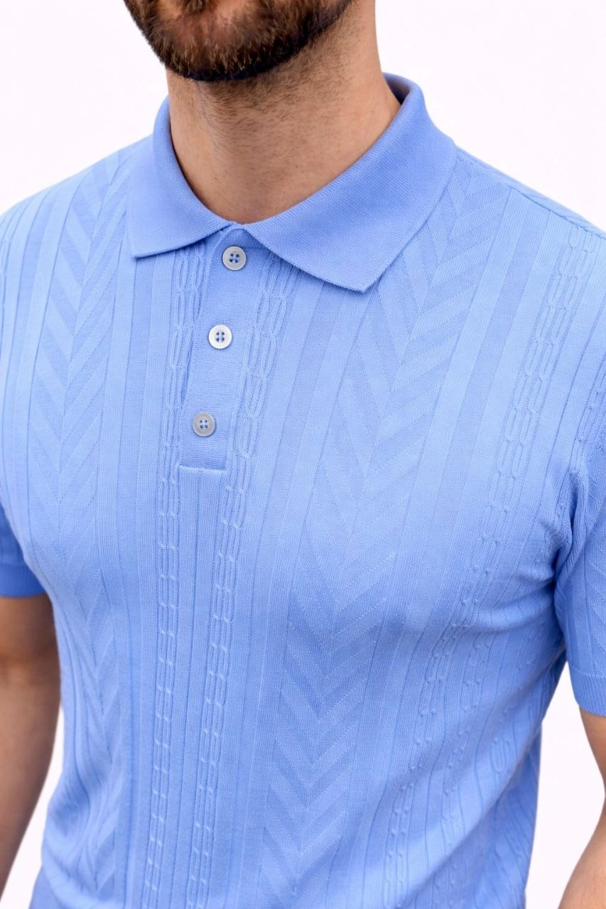 Erkek Yazlık Triko Tişört Kısa Kol Polo Yaka Düğmeli T-Shirt - Bebek Mavisi görsel 1