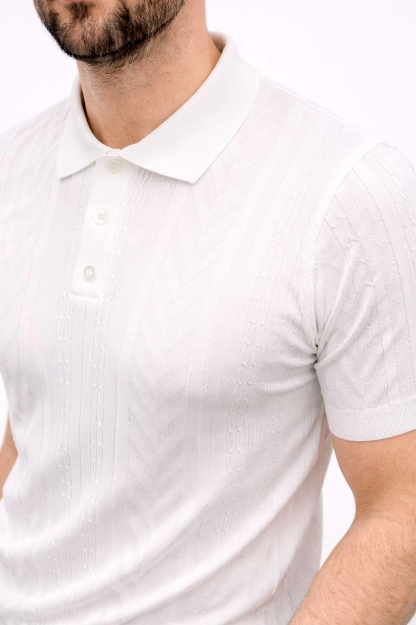 Erkek Yazlık Triko Tişört Kısa Kol Polo Yaka Düğmeli T-Shirt - Beyaz görsel 1