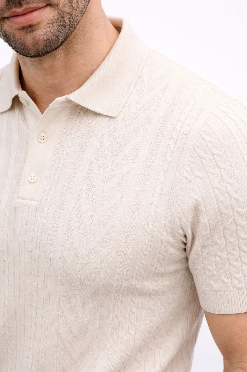Erkek Yazlık Triko Tişört Kısa Kol Polo Yaka Düğmeli T-Shirt - Krem görsel 1