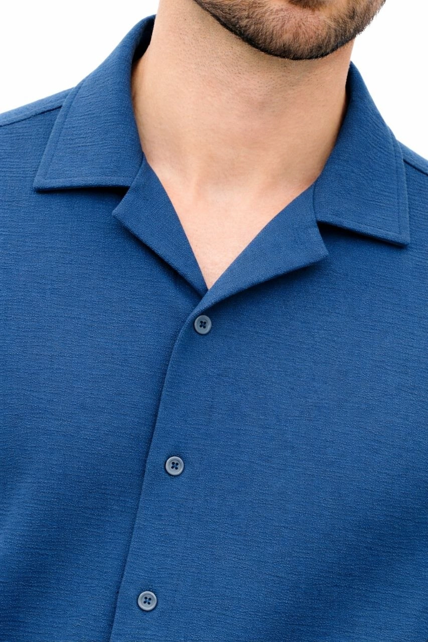 Erkek Aerobin Kumaş Oversize 4 Mevsim Uzun Kollu Rahat Kalıp Gömlek - İndigo görsel 1