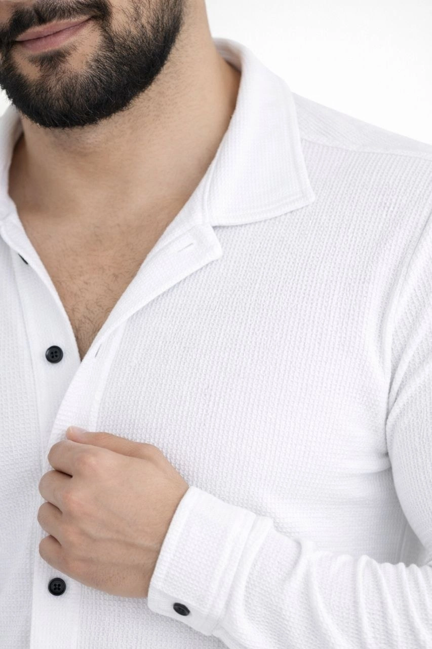 Erkek Waffle Kumaş Uzun Kollu Düğmeli Açık Yaka Regular Fit Gömlek - Beyaz görsel 1