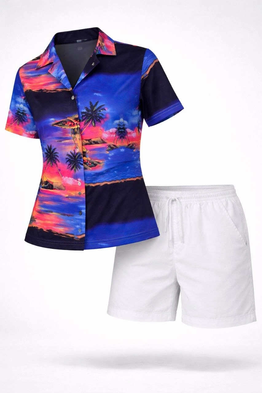 Kadın Gün Batımı Tropikal Desenli Kısa Kol Gömlek Şort Takım Yazlık Rahat Kalıp - Desenli