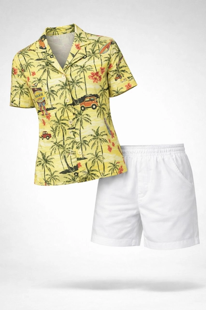 Kadın Gün Batımı Tropikal Desenli Kısa Kol Gömlek Şort Takım Yazlık Rahat Kalıp - Desenli