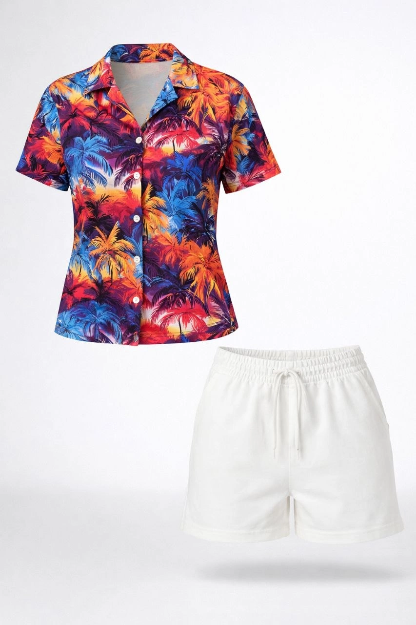 Kadın Renkli Tropikal Palmiye Desenli Kısa Kol Gömlek Şort Takım Yazlık Rahat Kalıp - Desenli