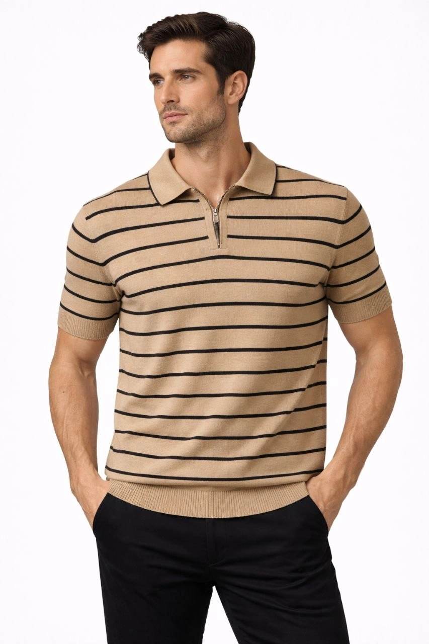 Erkek Triko Polo Yaka Fermuarlı Çizgili Tişört T-Shirt Yazlık Şık - Kahverengi