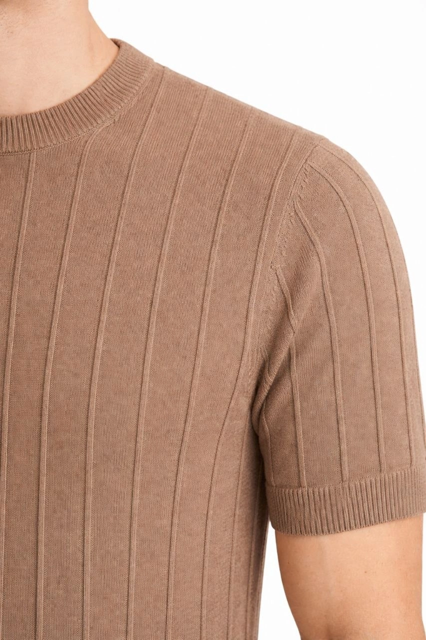 Erkek Yazlık Fitilli Triko Tişört Kısa Kol Bisiklet Yaka T-Shirt - Kahverengi