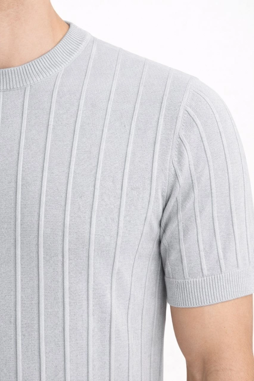 Erkek Yazlık Fitilli Triko Tişört Kısa Kol Bisiklet Yaka T-Shirt - Gri