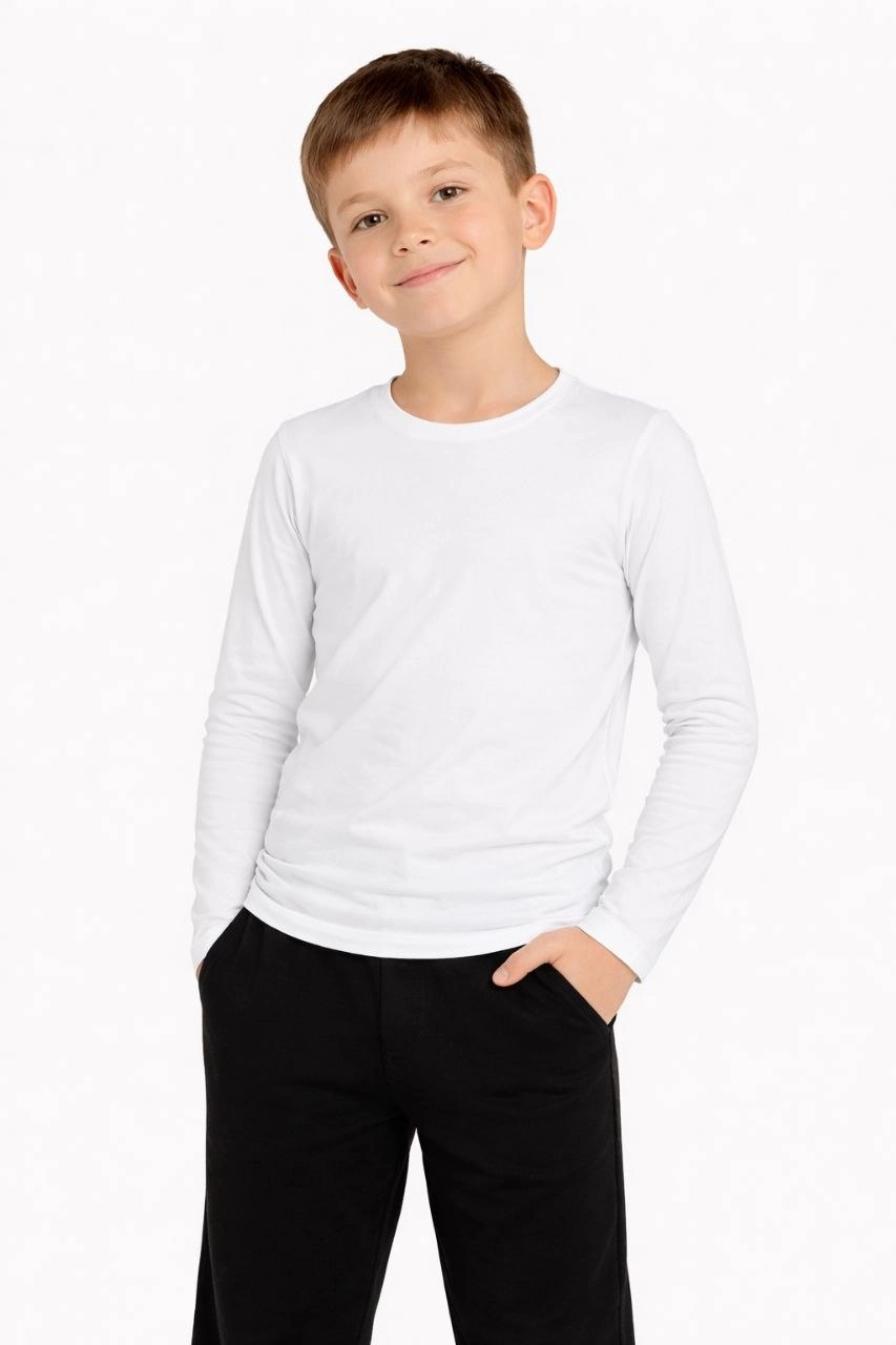Erkek Çocuk Basic Uzun Kollu Tişört Okul Günlük Rahat T-Shirt - Beyaz