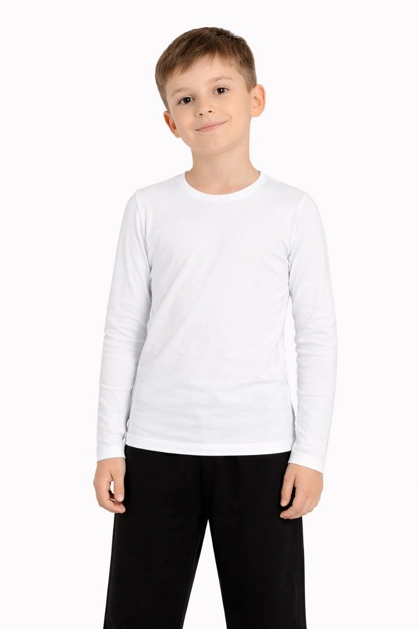 Erkek Çocuk Basic Uzun Kollu Tişört Okul Günlük Rahat T-Shirt - Beyaz
