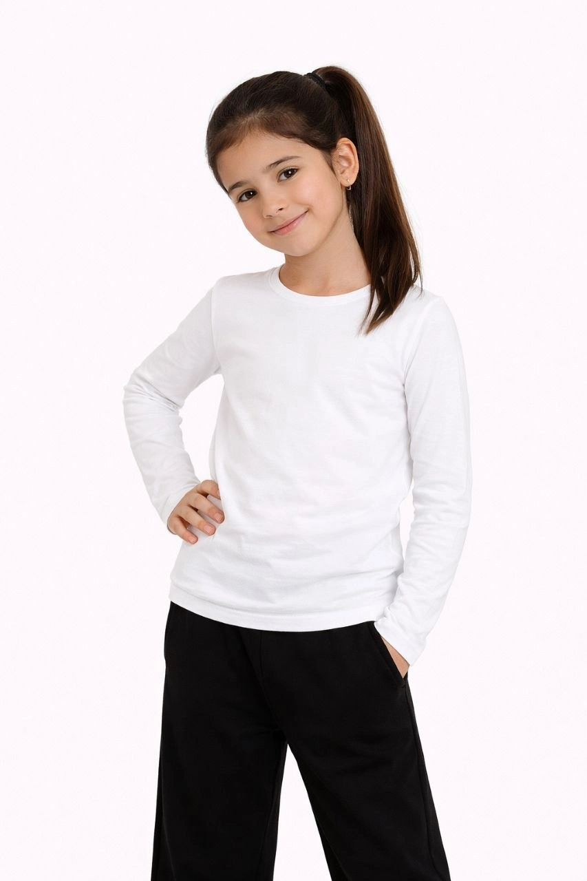 Kız Çocuk Basic Uzun Kollu Tişört Okul Günlük Rahat T-Shirt - Beyaz