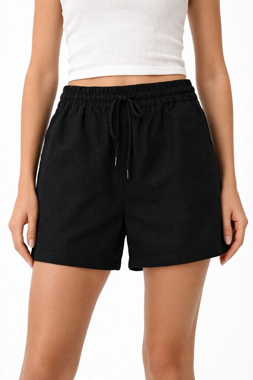 Kadın Keten Kumaş Cepli Rahat Kesim Bel Lastikli Şort - Siyah 3