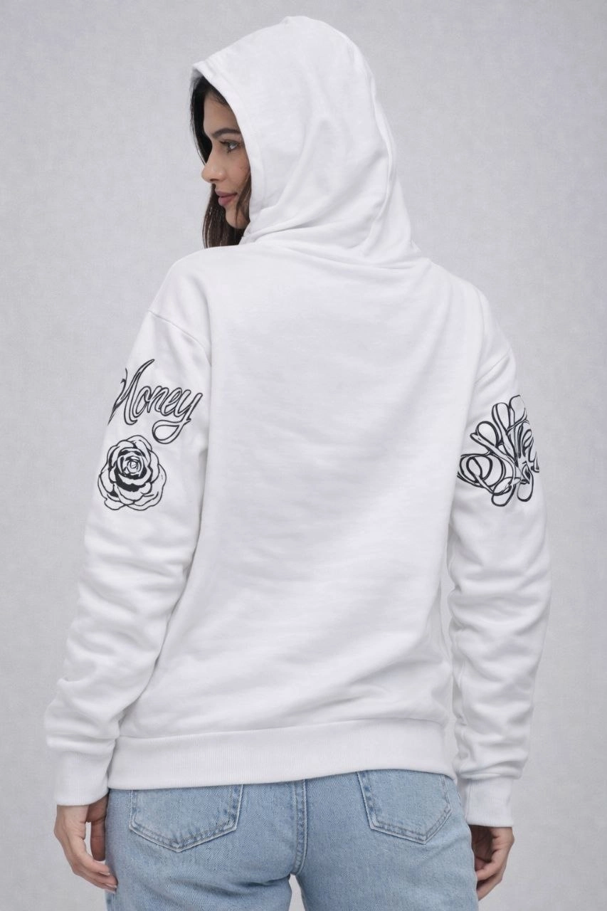 Kadın 3 İplik Pamuklu Kapüşonlu Baskılı SweatShirt hoodie - Beyaz 2