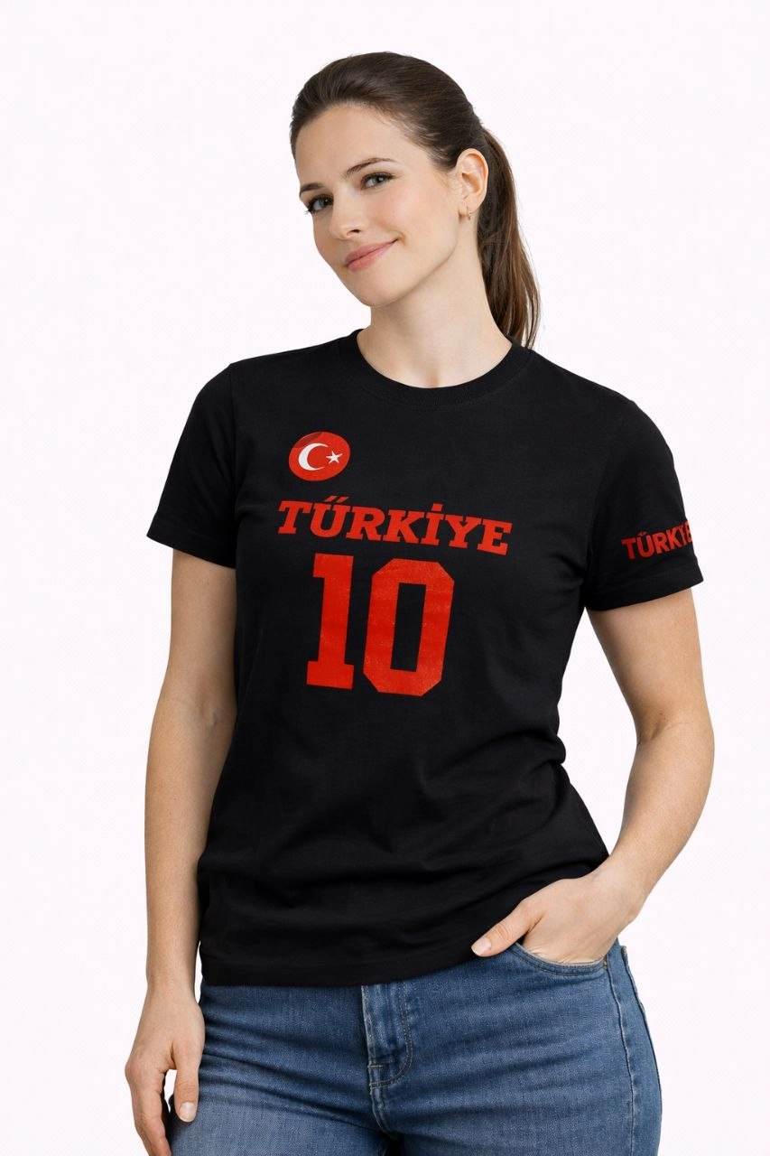 Kadın TÜRKİYE Ay Yıldız Baskılı 10 Numara Forma Tişört Taraftar T-Shirt - Siyah