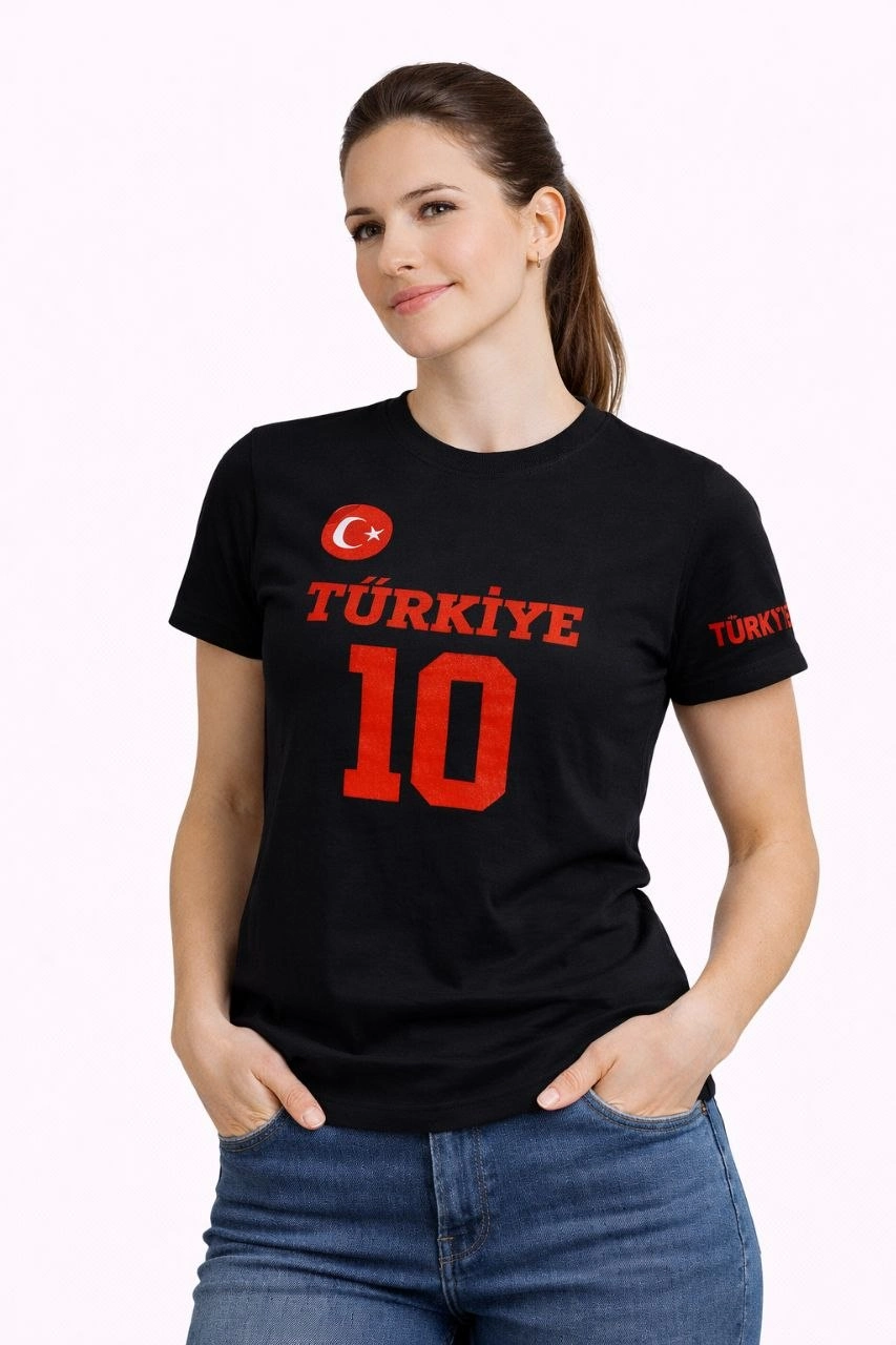 Kadın TÜRKİYE Ay Yıldız Baskılı 10 Numara Forma Tişört Taraftar T-Shirt - Siyah 3