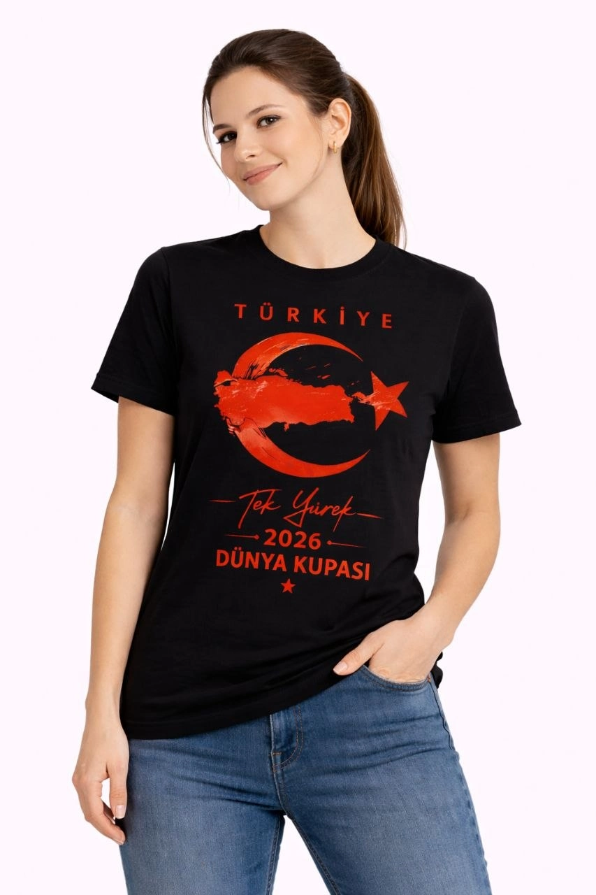 Kadın TÜRKİYE Ay Yıldız 2026 Dünya Kupasi Taraftar Forma T-Shirt - Siyah