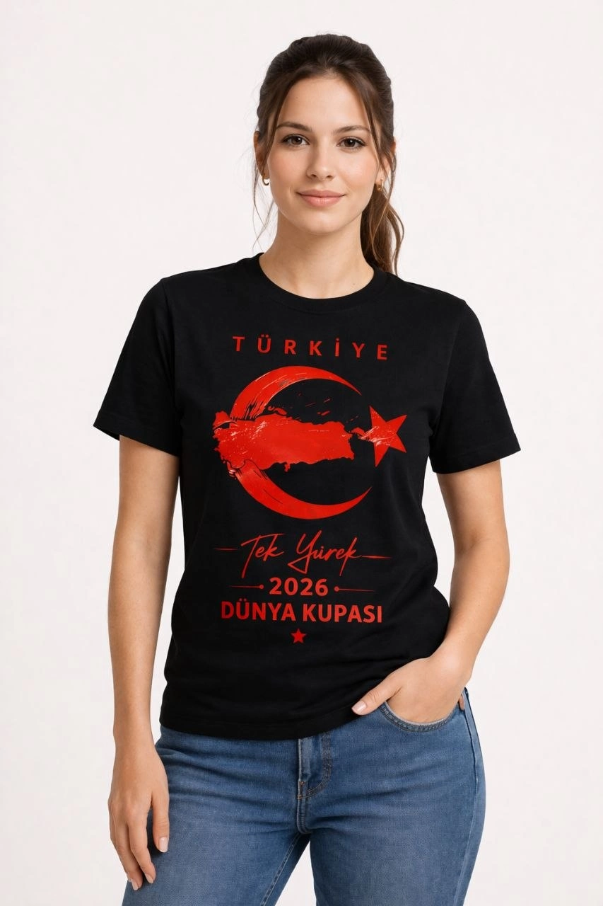 Kadın TÜRKİYE Ay Yıldız 2026 Dünya Kupasi Taraftar Forma T-Shirt - Siyah 2
