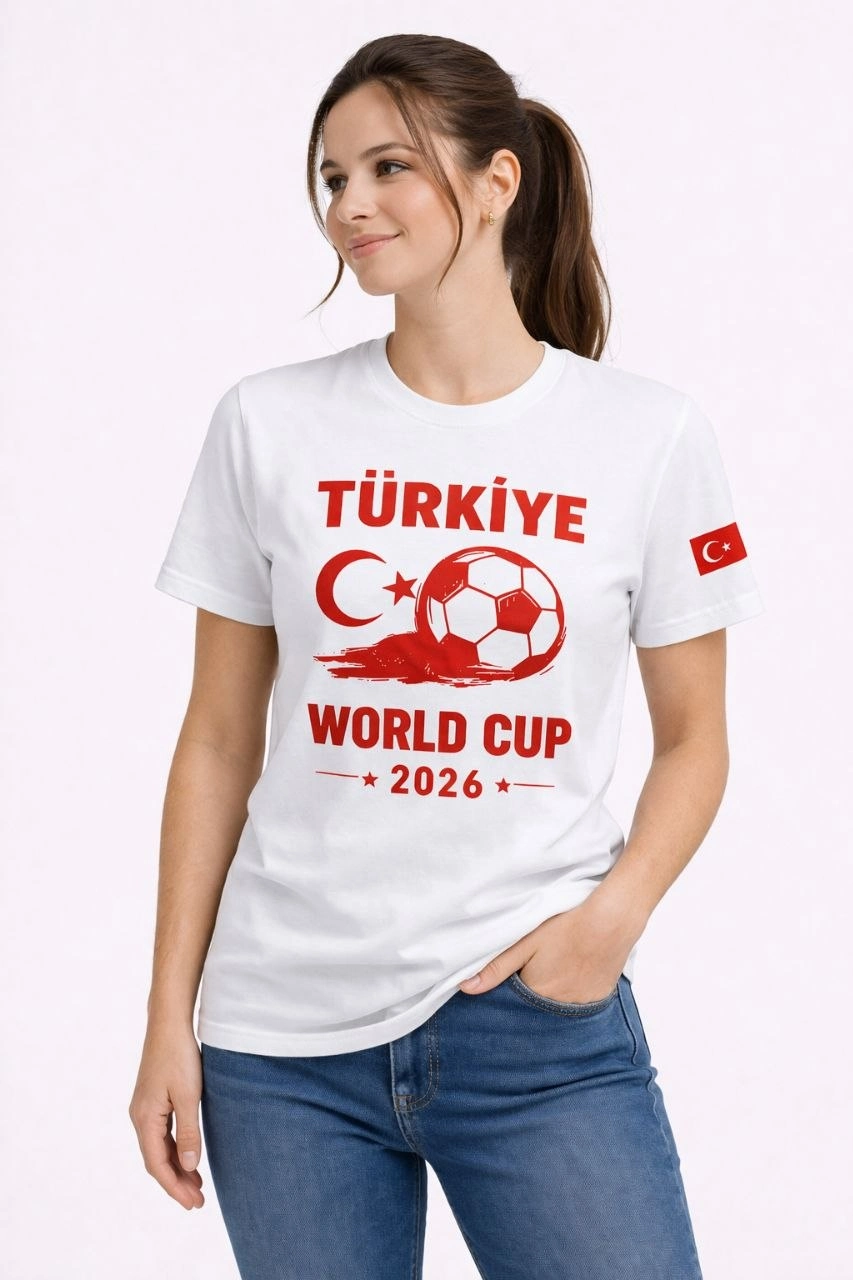 Kadın Türkiye World Cup 2026 Baskılı Tişört Futbol Temalı Forma T-Shirt - Beyaz 3