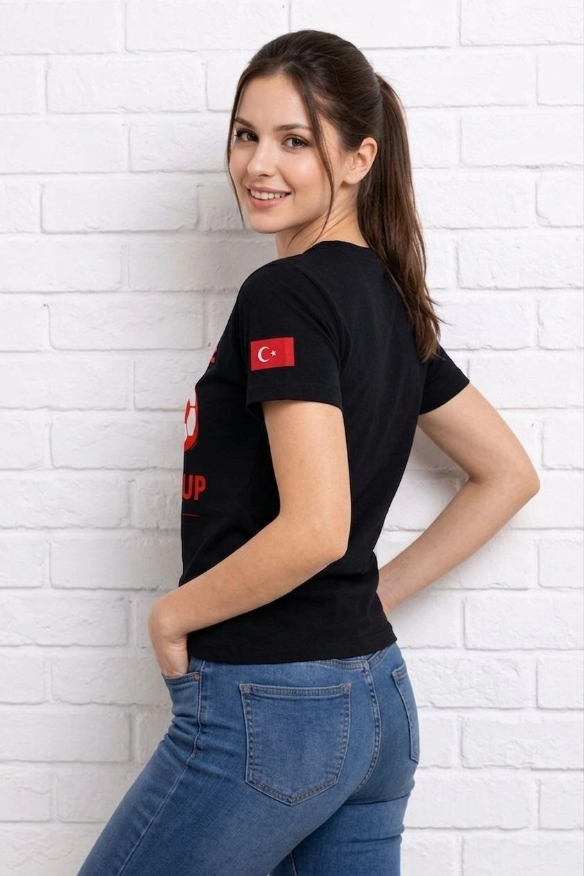 Kadın Türkiye World Cup 2026 Baskılı Tişört Futbol Temalı Forma T-Shirt - Siyah 2