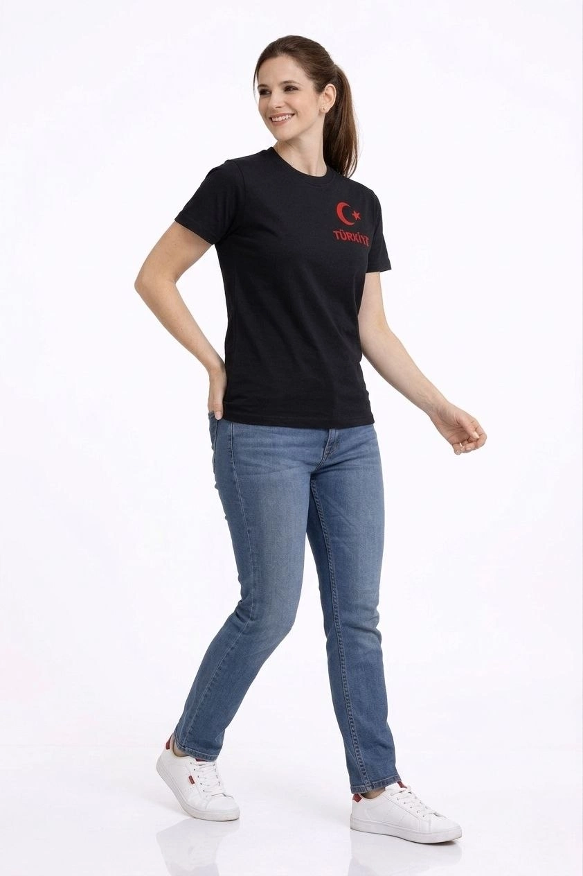 Kadın TÜRKİYE Ay Yıldız Baskılı Taraftar Forma T-Shirt - Siyah 3