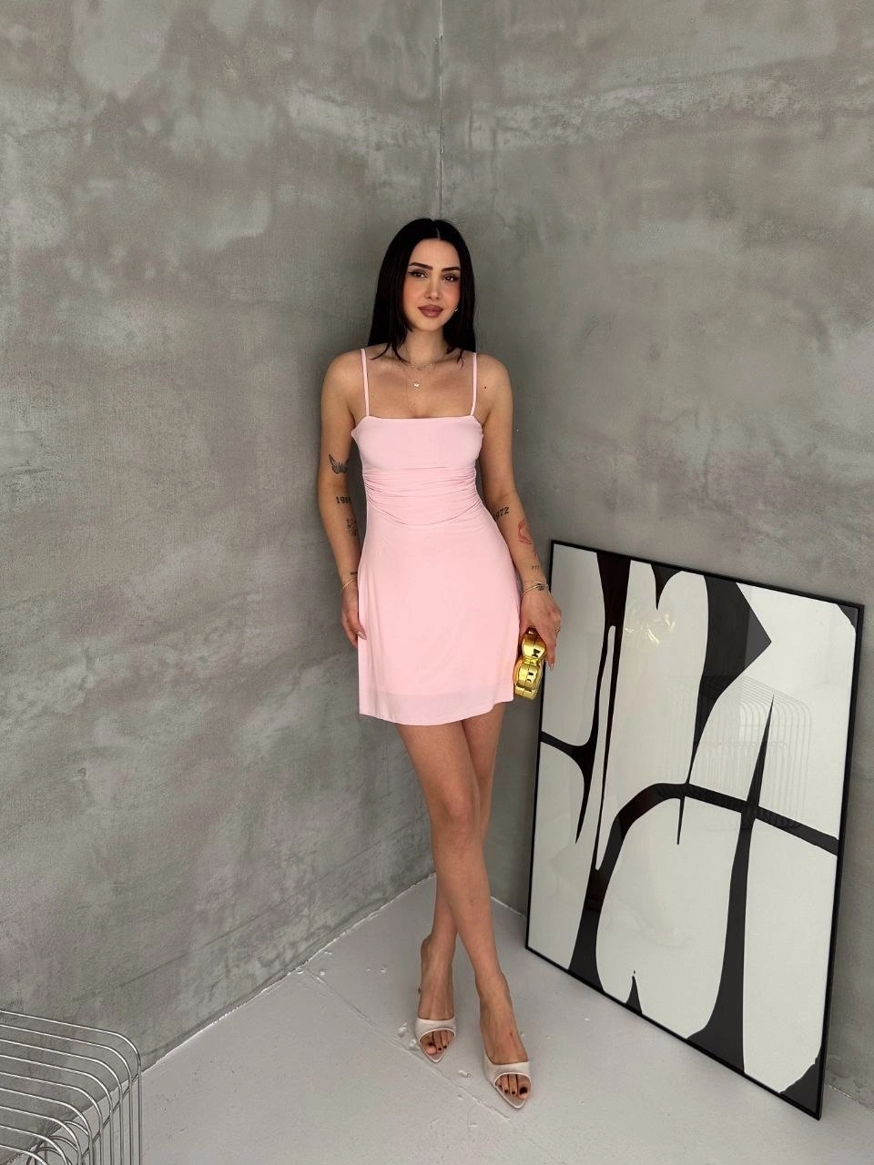 Kadın Askılı Şifon Mini Elbise Drapeli Bel Vücuda Oturan Yazlık Şık - Pembe 2