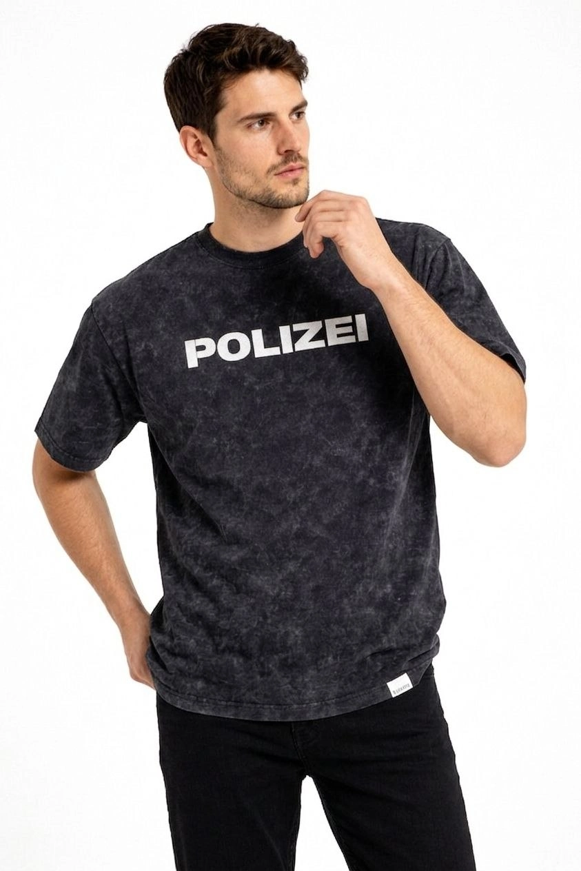 Erkek Asit Yıkamalı Baskılı Tişört Bisiklet Yaka Kısa Kollu Streetwear T-shirt - Siyah 3