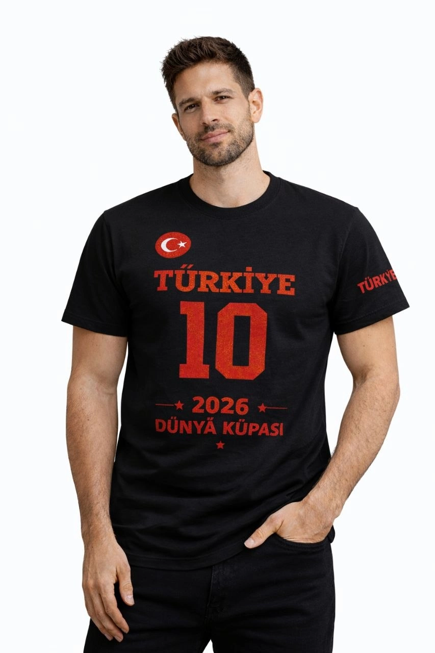 Erkek TÜRKİYE Baskılı Tişört 2026 Dünya Kupası Taraftar Forma T-Shirt - Siyah 2
