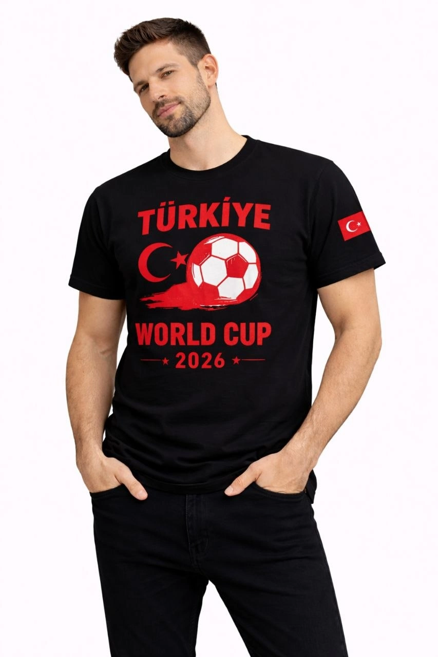 Erkek Türkiye World Cup 2026 Baskılı Tişört Futbol Temalı Forma T-Shirt - Siyah 3