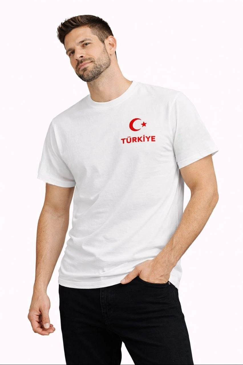 Erkek TÜRKİYE Ay Yıldız Baskılı Taraftar Forma T-Shirt - Beyaz 3