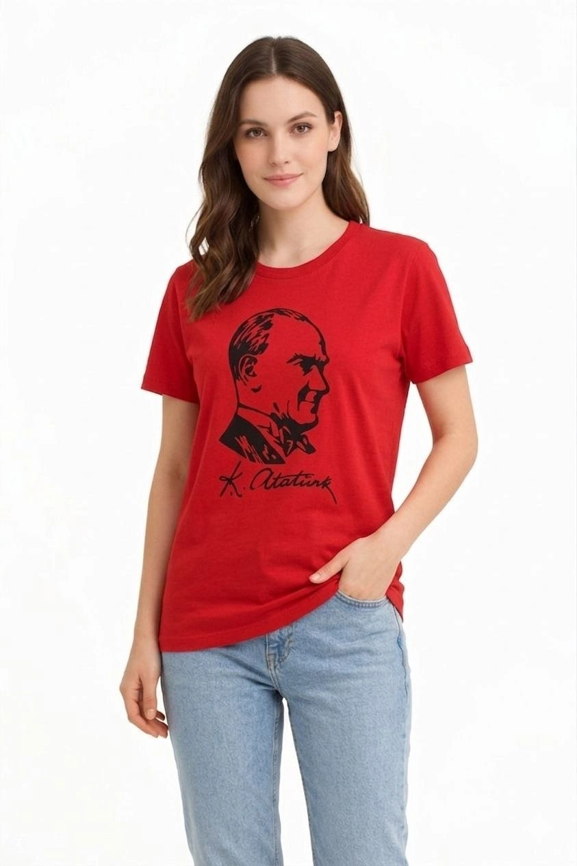 Kadın Atatürk Baskılı Tişört Kısa Kollu Bisiklet Yaka T-Shirt - Kırmızı