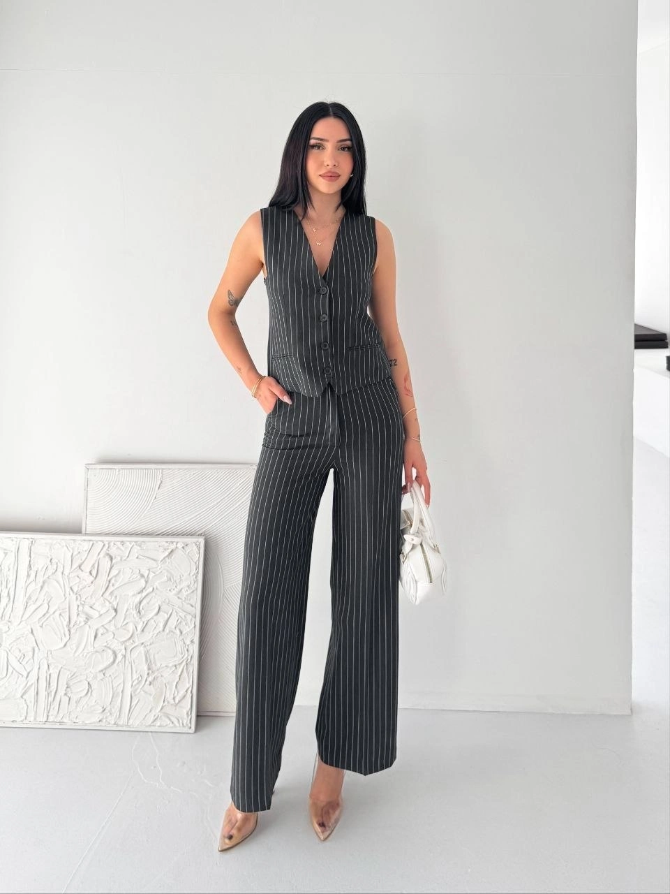Kadın Çizgili Tansel Kumaş Yelek Pantolon İkili Takım Ofis Şık Modern - Füme